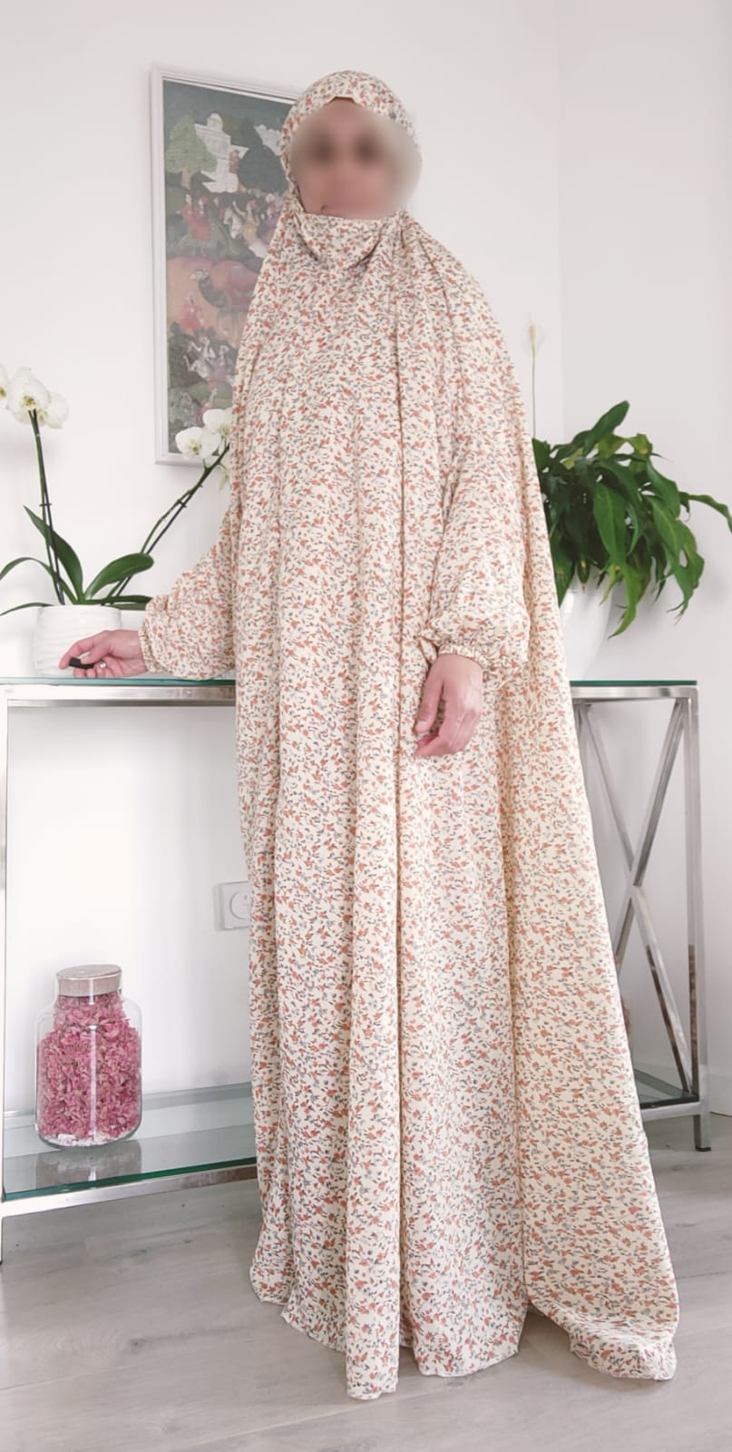 Abaya Rawda – Abaya de prière fleurie beige