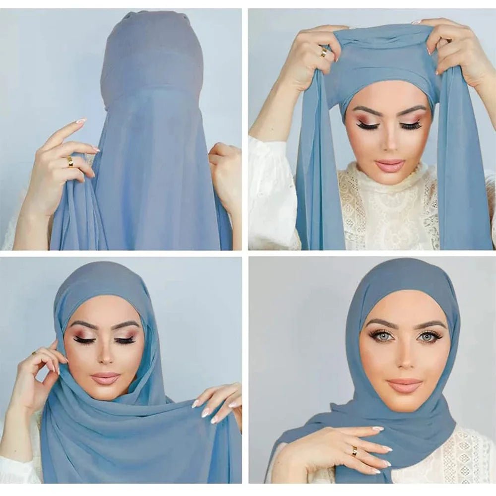 Women Muslim Chiffon Hijab With Cap Bonnet Instant Chiffon Hijabs Shawl Head Scarf Underscarf Caps Cover Headwrap - To Noor